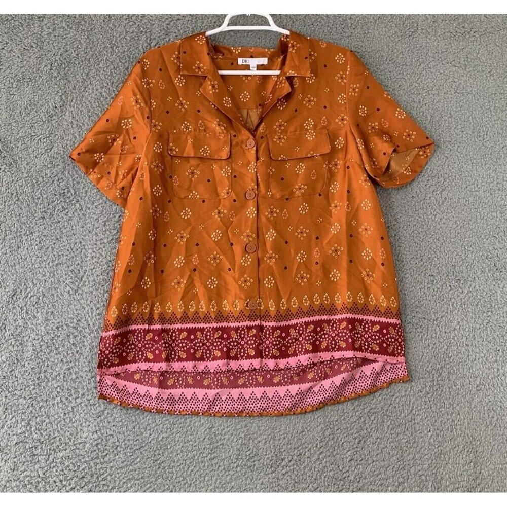 DR2 by Daniel Rainn Women's L Floral Satin V Neck Button Down Short Sleeve Blous